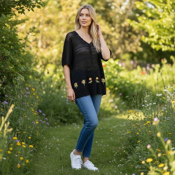 Vintage Y2K 2000s 90s Teddi Crochet Knit Short Sleeve Cardigan Sweater Tee 6 - Picture 1 of 7